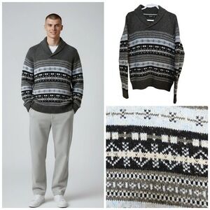 Nautica Men's Fair‎ Isle Shawl Collar Sweater Grey Blue Black Size M